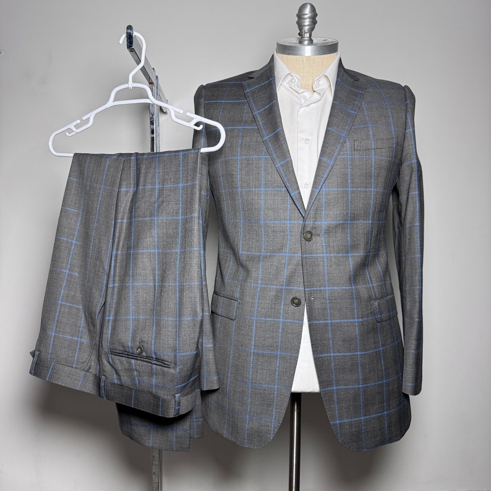 Gray Windowpane Two-Piece Suit with Blue Check